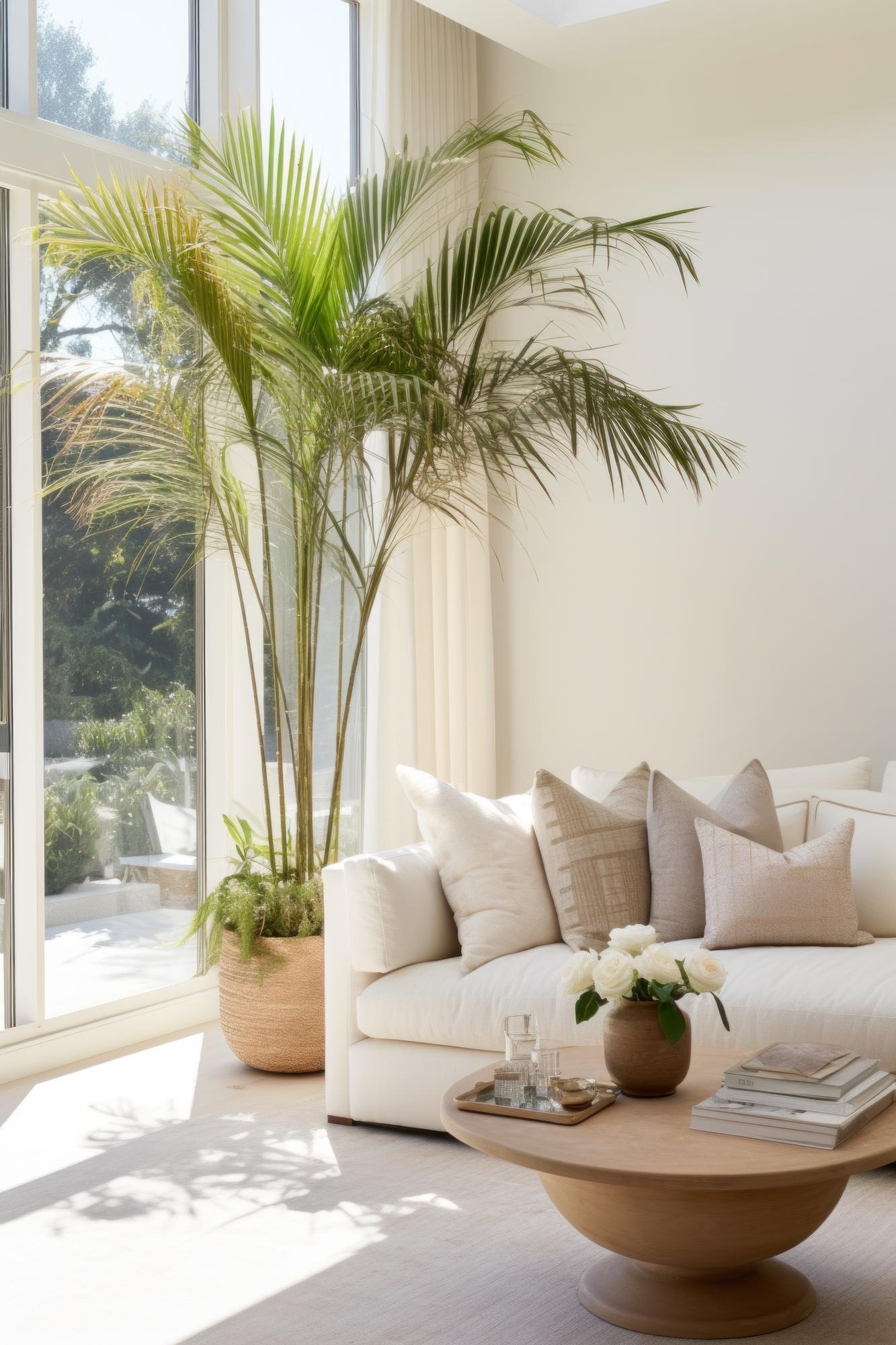 living room with warm light and plants